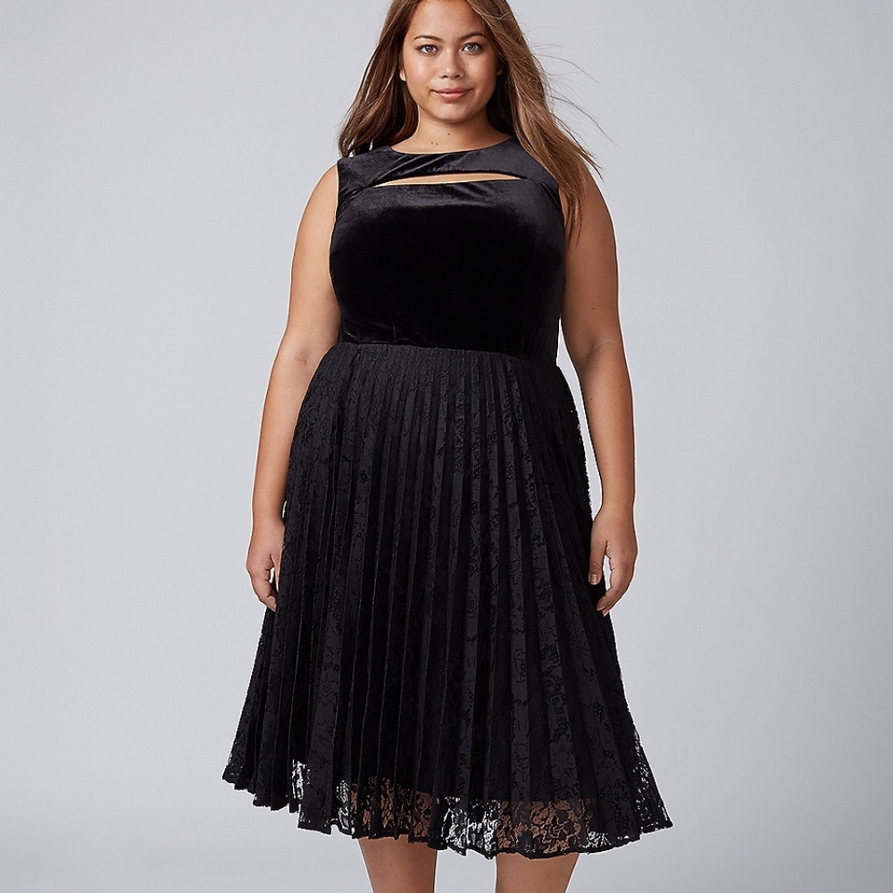 LANE BRYANT Black Velvet & Lace Pleated Midi Dress